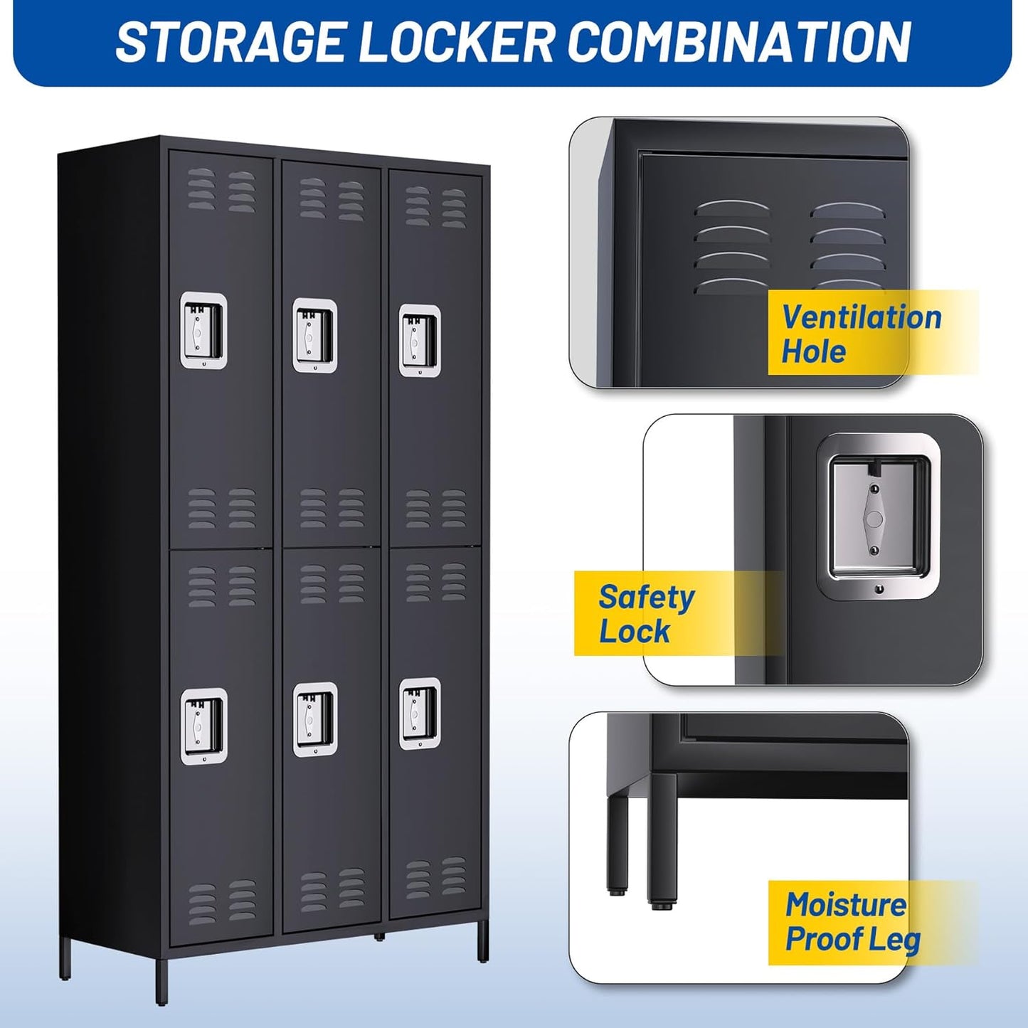 6-Door Metal Locker with Lock, 71”H Metal lockers for Employees, Multi-Use Storage Locker for Employees, School, Office, Gym, Home, Garage, Industrial - Assembly Required