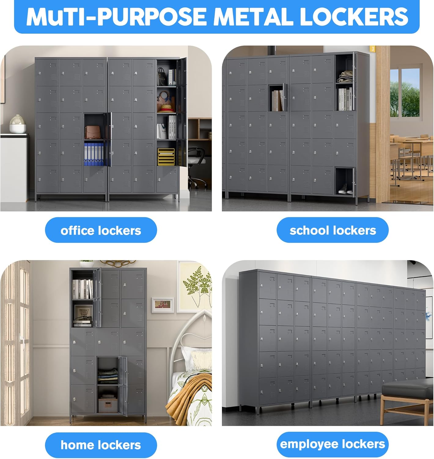 15 Doors Metal Lockers for Employees with Lock,Metal Locker with Card Holder for School Garage Office Gym Bedroom,Assembly Required,15 Door Dark Grey