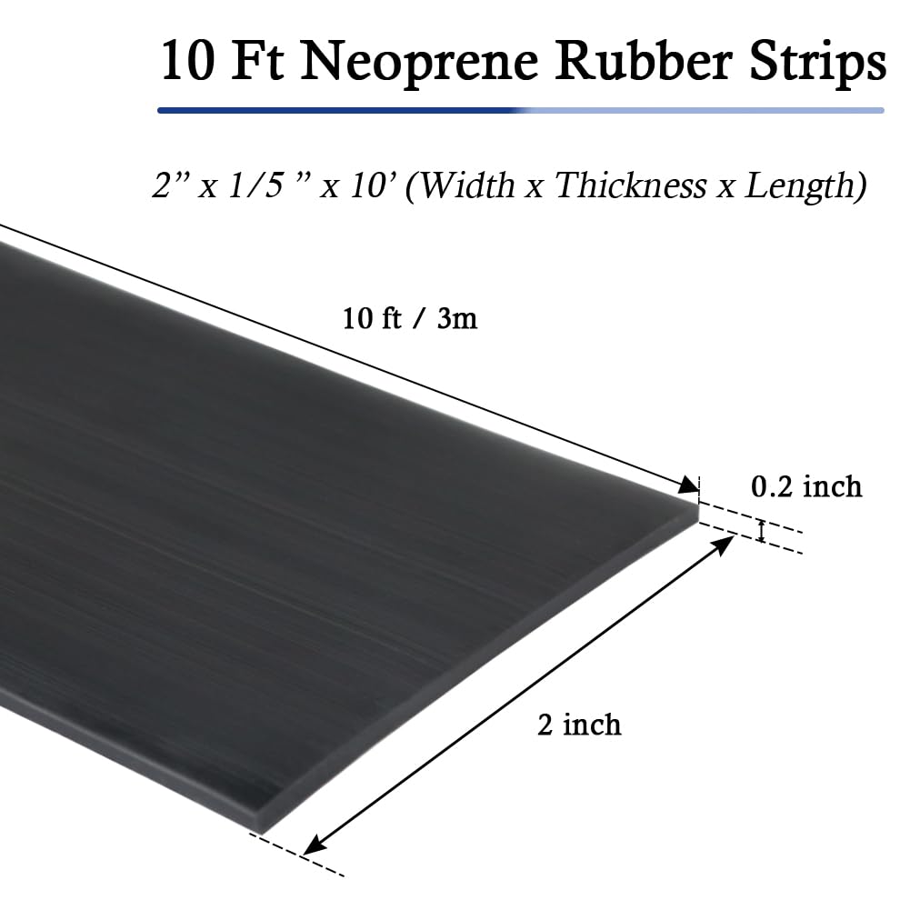 Neoprene Rubber Strips Self Adhesive Solid Rubber Sheets, Rolls & Strips for DIY Gaskets Crafts Pads Seals Warehouse Flooring Neoprene Sheet with Adhesive Backing (2" Wide x 1/5" Thick x 10' Long)