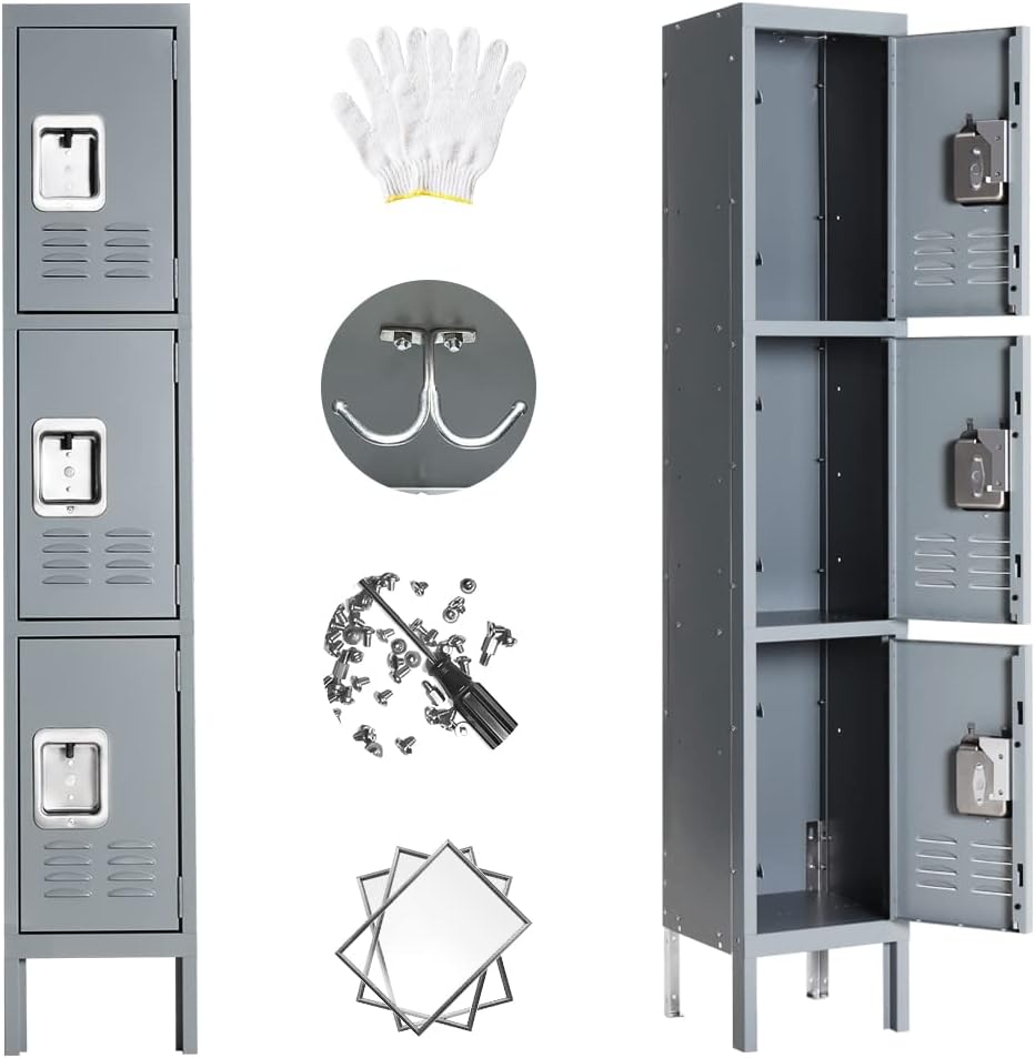 Bonusall Metal Locker for Employees, Office Storage Lockers 3-Tier Steel Lockers for School Gym Locker Compartment Home Office 3 Doors Grey
