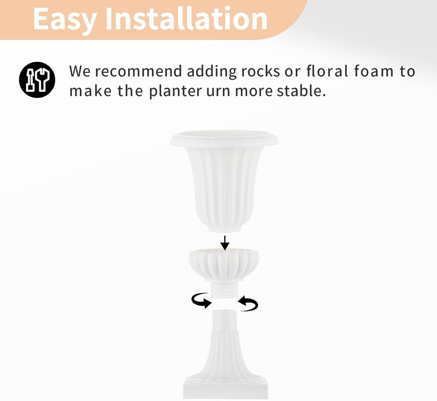 Nuptio Plastic Urn Planters White - 6 Pcs 19.7 Inch Tall Large Urns Planter Outdoor for Plants - Garden Classic Flower Vase Plant Pots - Porch Front Pedestal Pot Resin Grecian Vases