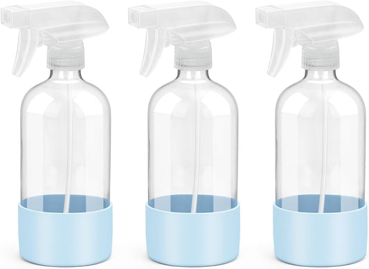 Glass Spray Bottles with Silicone Sleeve Protection, Empty 16 oz Refillable Containers, Reusable Spray Bottles with Adjustable Nozzle for Hair, Cleaning Solutions, 3 Pack Blue