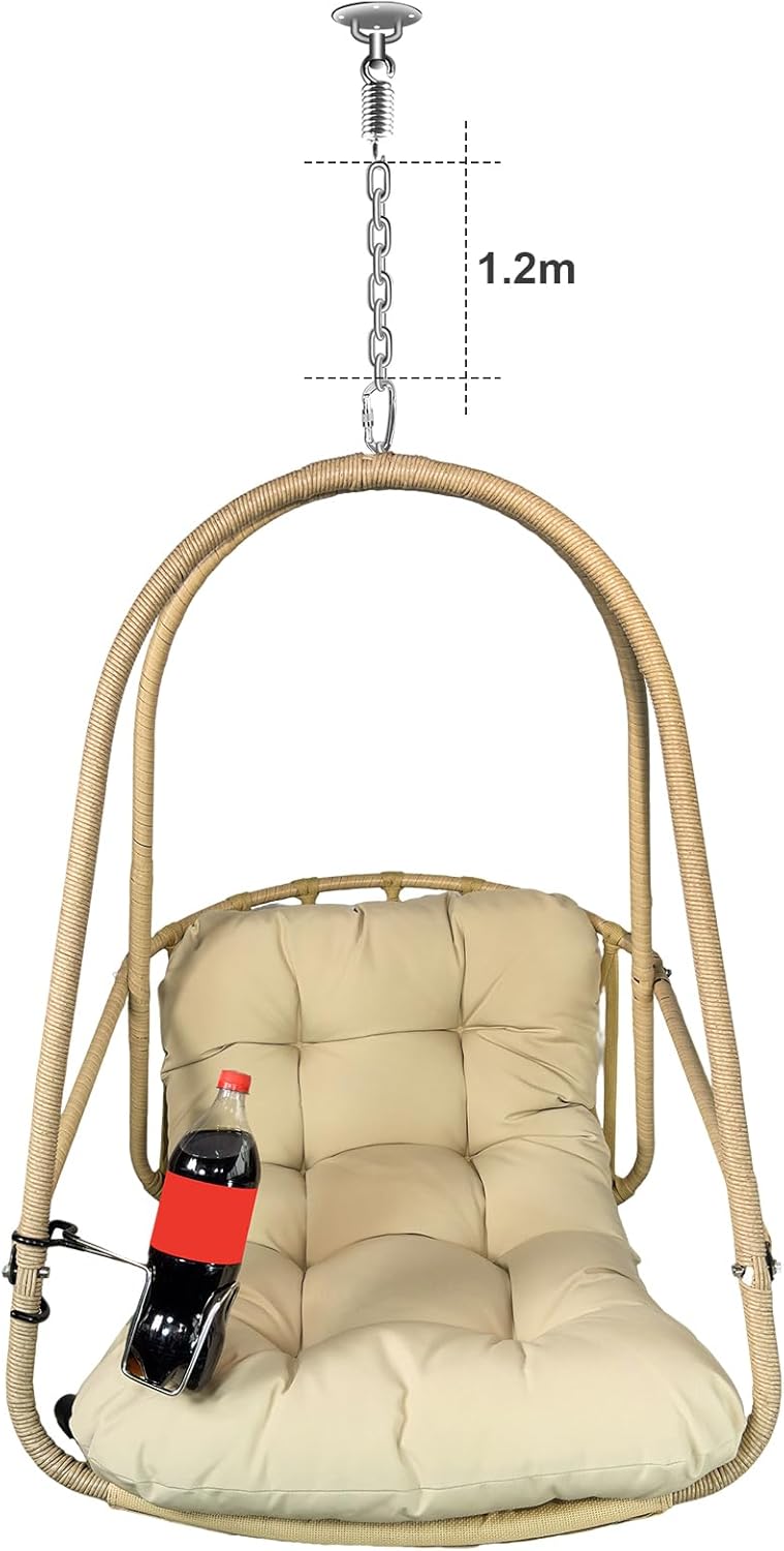JESE Swing Egg Chair Without Stand Foldable Frame Hanging Chairs for Indoor Outside,with UV Resistant Waterproof Cushion&Cup Holder,Swing Hammock Chair for Patio,Bedroom,Balcony,Garden,Backyard,Khaki