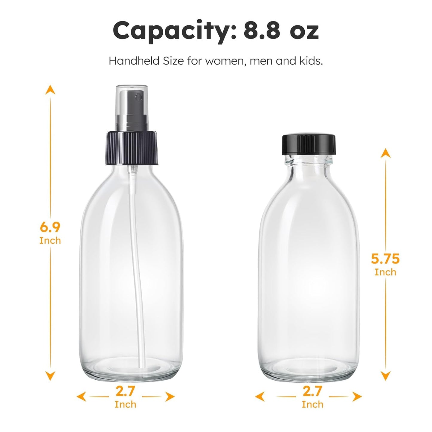 Tecohouse 2 Pack Glass Spray Bottles, 250ml Small Glass Bottles for Cleaning Solutions, Spray Bottles for Essential Oils, Plants, with Durable Nozzle, Labels, Funnel - Clear