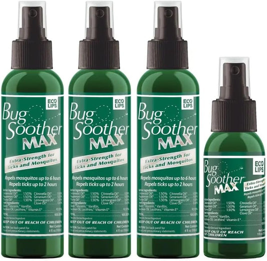 Bug Soother MAX - Extra Strength Natural Gnat, Tick, and Mosquito Repellent, 3 Pack 4 fl oz w/Free 1 oz. Bug Spray Deterrent - DEET Free - Safe for Adults & Environment - Made in USA