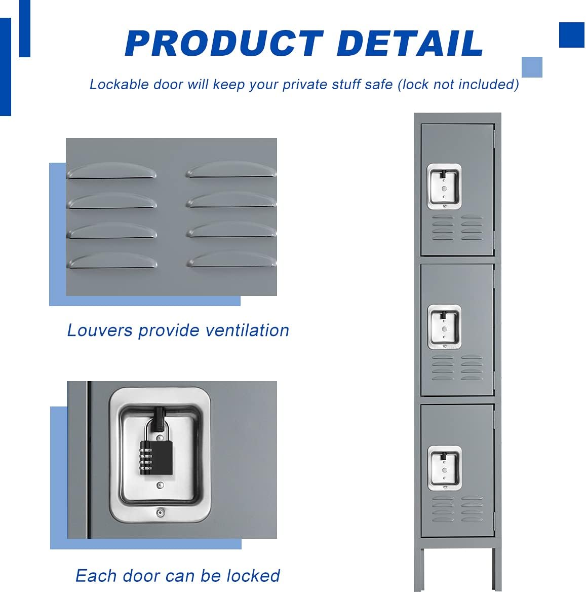 Bonusall Metal Locker for Employees, Office Storage Lockers 3-Tier Steel Lockers for School Gym Locker Compartment Home Office 3 Doors Grey