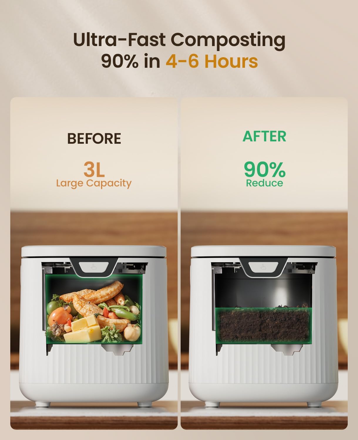 Electric Composter for Kitchen,Ouaken 3L Indoor Kitchen Waste Compost Machine Countertop Smart Composting Bin,Compact Food Recycler for Home with Low Noise,Odorless,Auto-Clean,LED Display