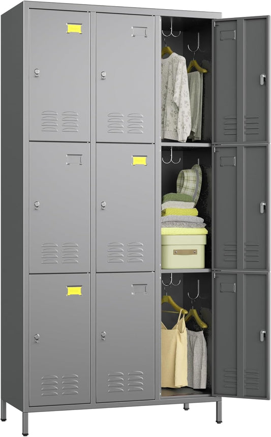 Aobabo Metal Storage Locker for Employees, 9 Doors Lockable Steel Locker with 27 Hooks and 9 Name Card Slot for School Office Gym, Light Grey, Assembly Required