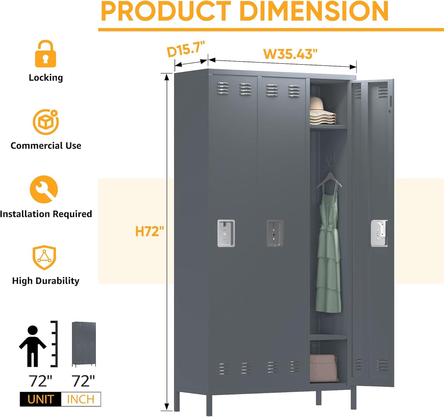 3 Doors Metal Lockers for Employees with 9 Hooks for Offices School Gyms Home,Assembly Required,Dark Gray