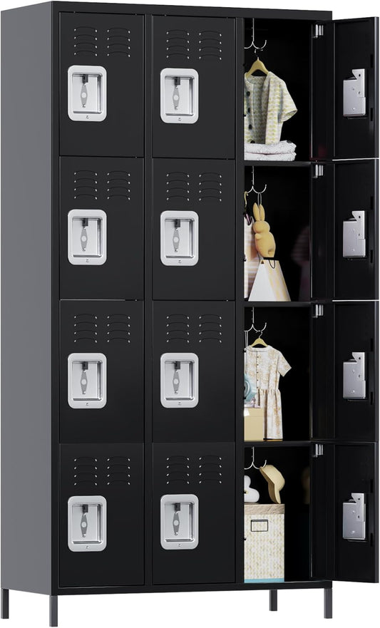 Aobabo 12 Doors Metal Storage Locker for Employees, Storage Locker with 12 Hooks for Garage School Office Gym, Black, Assembly Required