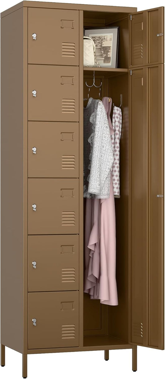72" H Metal Storage Lockers with Doors and Rod,Industrial Combination Employee Lockers for Office,Home Gym,School,Assembly Required,7+1Doors,Coffee