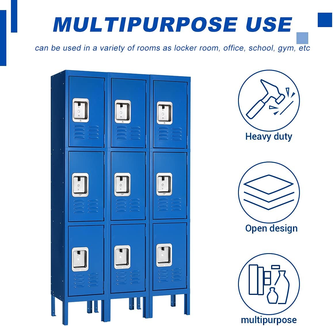 Metal Locker for Employees, Office Storage Lockers 3-Tier Steel Lockers for School Gym Locker Compartment Home Office 3 Doors Blue