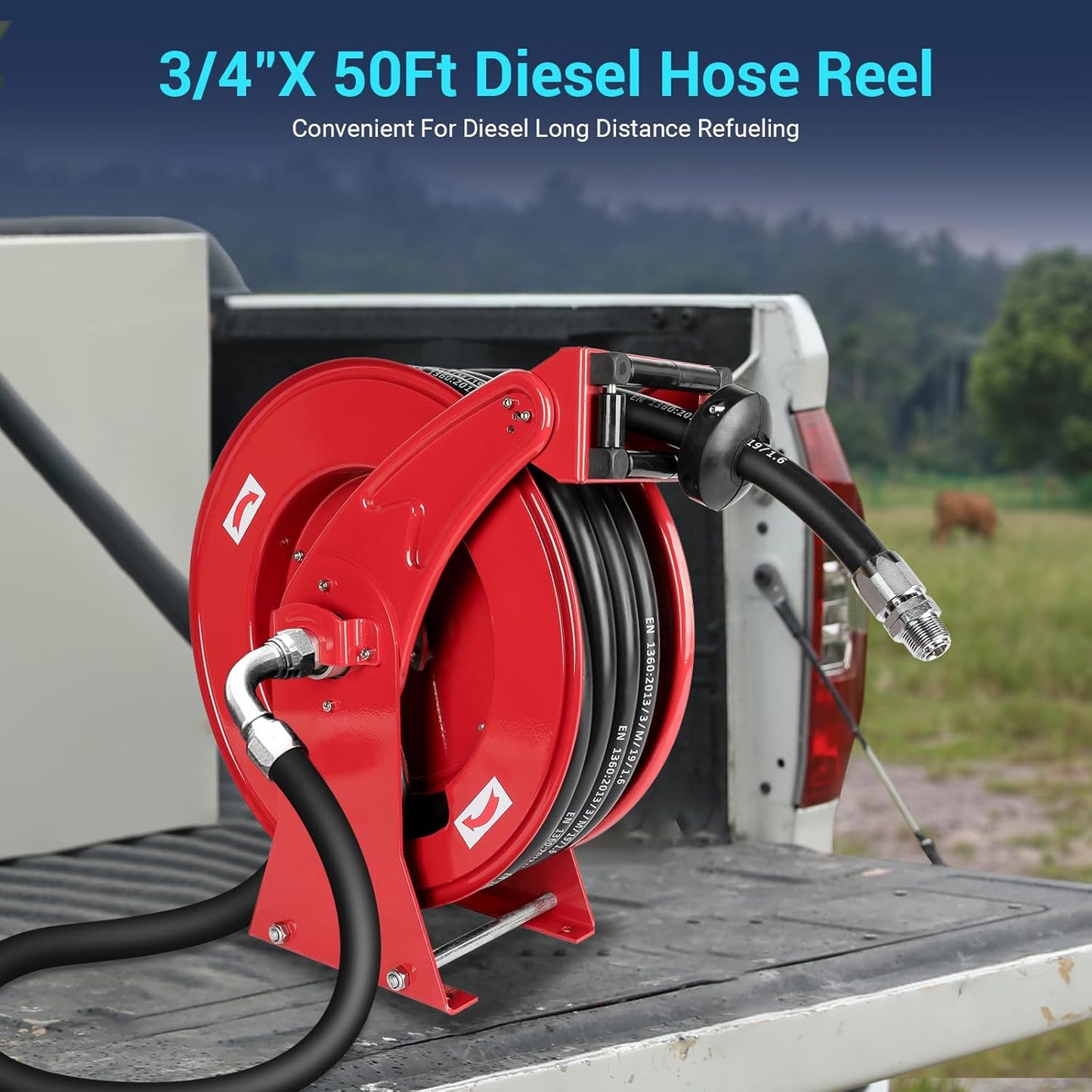 Fuel Hose Reel, 3/4" x 50FT Retractable Diesel Hose Reel, 300 PSI Industrial Heavy Duty Auto Swivel Rewind Hose Holder Reels, for Vehicle Tank Truck Trailer Ship