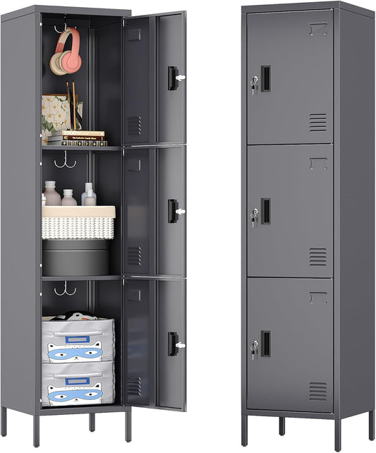 Metal Locker with Hooks and Ventilation Holes,Metal Storage Locker with Keys and Business Card Slot for Home,Gym,Garage,School,Office,66" H×15.75" W× 15.75" D,Assembly Required,Dark Grey