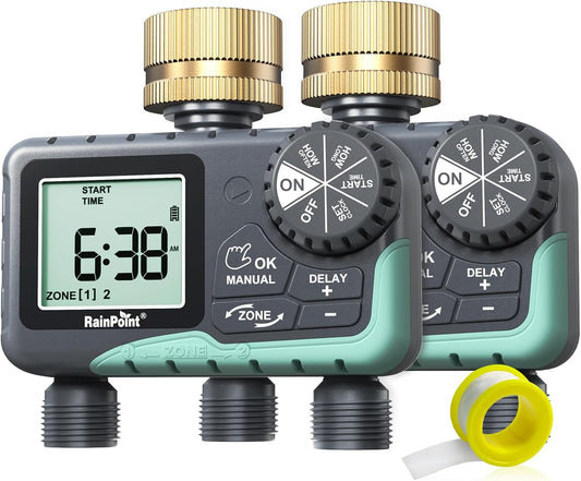 RAINPOINT 2 Zone Sprinkler Timer with Brass Swivel - 2pcs Water Timer for Garden Hose with Rain Delay/Manual Watering/Automatic Irrigation System - Programmable Faucet Timer for Yard Lawn