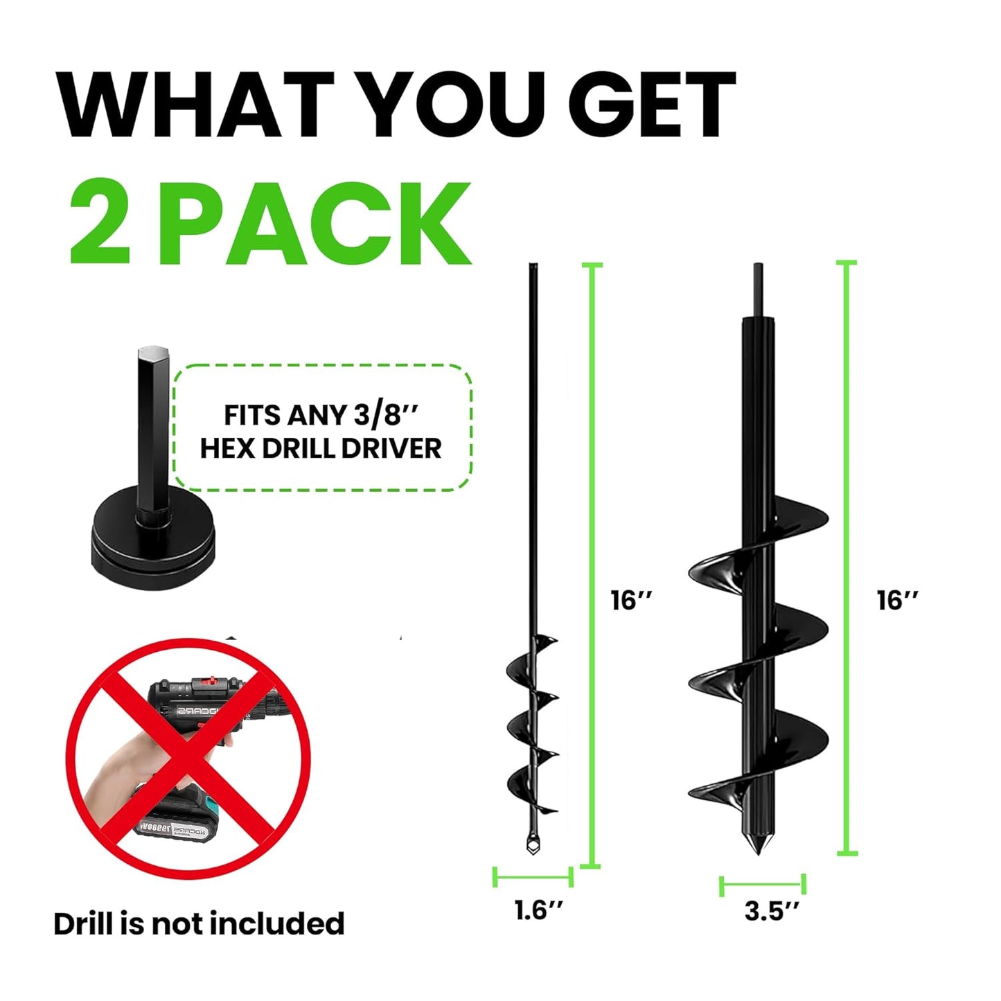 K-Brands Auger Drill Bit for Planting 2 Pack 1.6 x 16 Inch & 3.5 x 16 Inch Set – Garden Spiral Hole and Bulb Planter Tool for Umbrella Holes - Compatible with 3/8 Inch Hex Drive