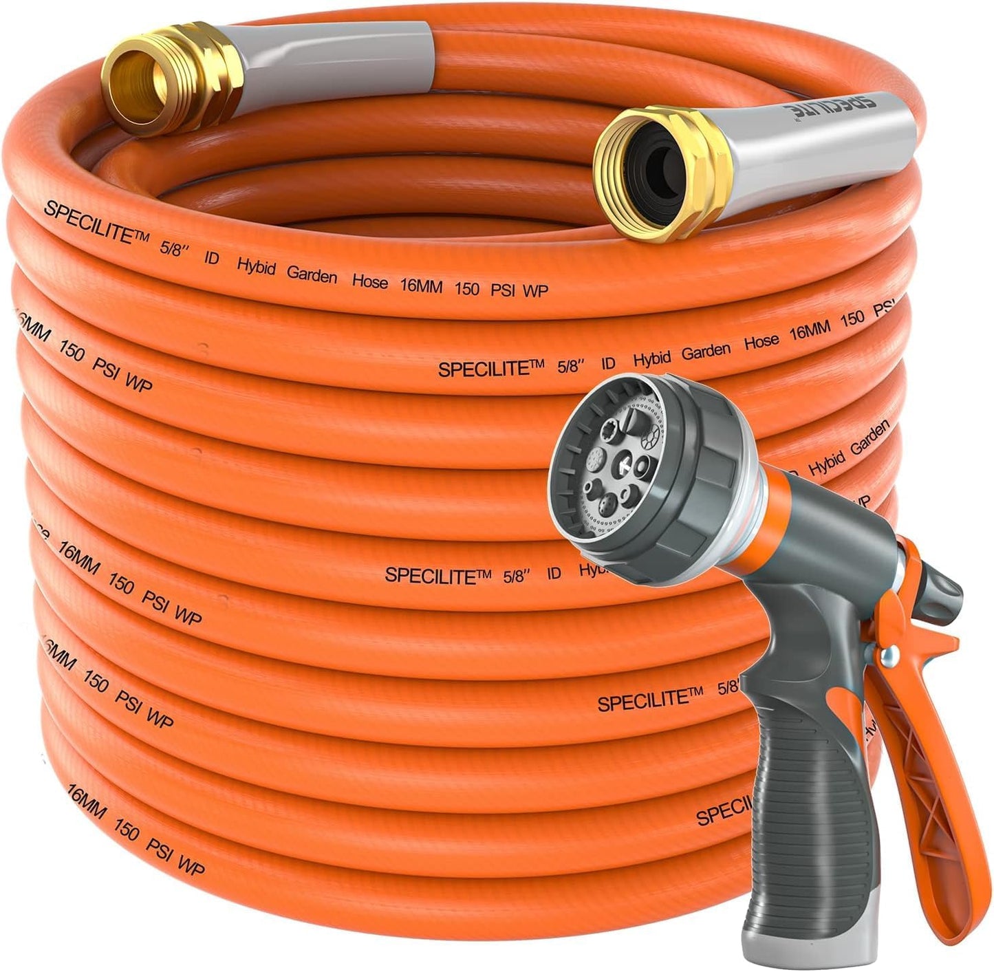 Garden Water Hose 150 ft x 5/8 in Heavy Duty, Flexible and Lightweight, Burst 600 psi, Kink-less Hybrid Rubber Pipe for Backyard, 3/4'' Brass Fittings, Orange