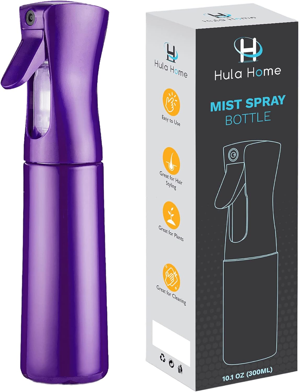 Hula Home Continuous Spray Bottle for Hair (10.1oz/300ml) Empty Ultra Fine Plastic Water Mist Sprayer – For Hairstyling, Cleaning, Salons, Plants, Essential Oil Scents & More - Purple