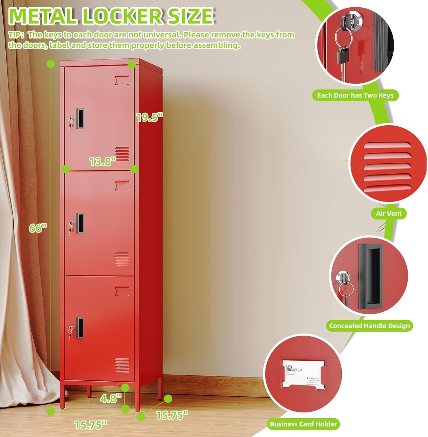Metal Locker with Hooks and Ventilation Holes,Metal Storage Locker with Keys and Business Card Slot for Home,Gym,Garage,School,Office,66" H x 15.75" W x 15.75" D,Assembly Required,Red