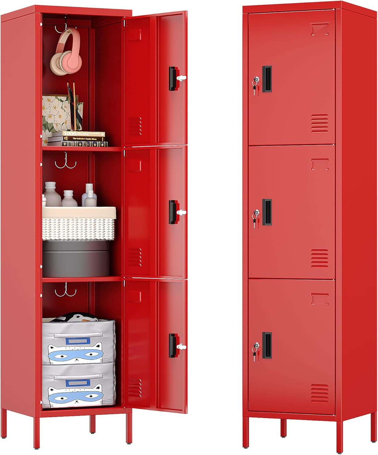 Metal Locker with Hooks and Ventilation Holes,Metal Storage Locker with Keys and Business Card Slot for Home,Gym,Garage,School,Office,66" H x 15.75" W x 15.75" D,Assembly Required,Red
