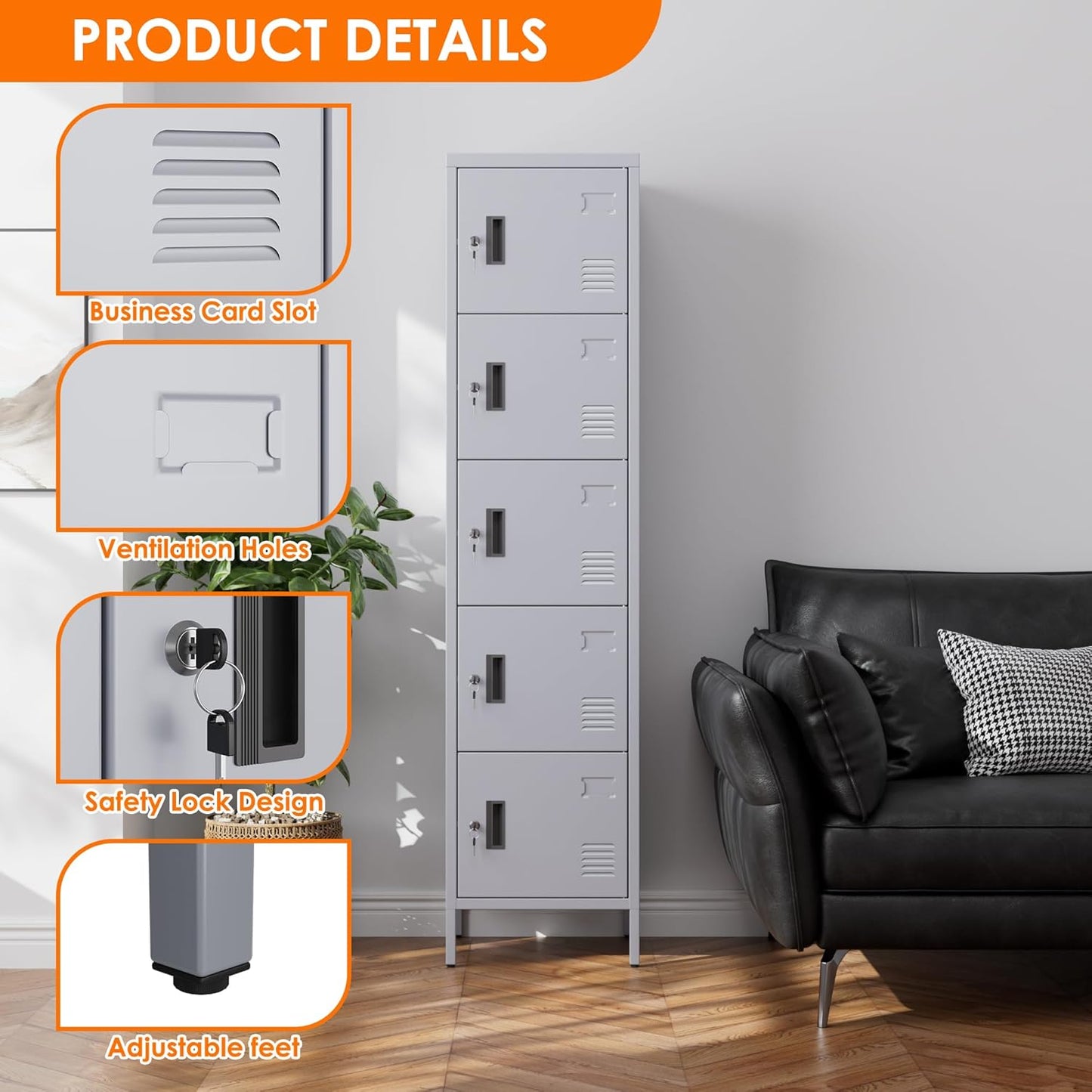 5 Doors Metal Storage Locker for Employees,Steel Home Office Storage Cabinet,66" H Employee Lockers with Adjustable Feet for School Gym Home Office, Assembly Required,Dark Grey