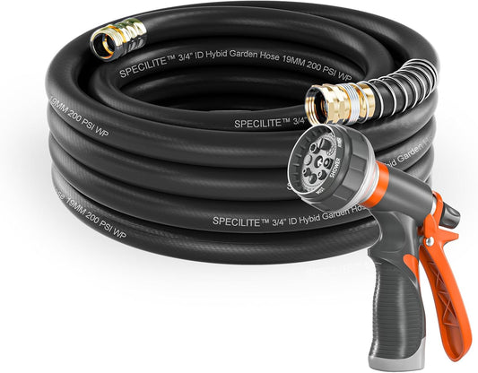 Garden Water Hose 50 ft x 3/4 in Heavy Duty, Flexible and Lightweight, Burst 600 psi, Kink-less Hybrid Rubber Pipe for Backyard, 3/4'' Brass Fittings, Black