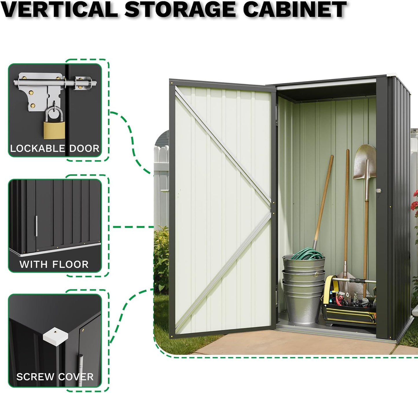 Patiowell 22 Cuft Outdoor Storage Cabinet, Metal Storage Shed with Lockable Door, Indoor Outdoor Vertical Waterproof Tool Shed Without Adjustable Shelves for Patio Garden Backyard, Black