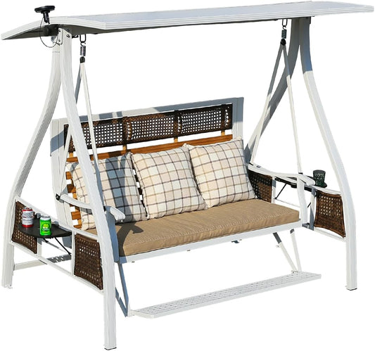 2/3-Seat Outdoor Patio Porch Swing with Adjustable Aluminum Alloy Canopy Solar Patio Swing Chair Bench with Footrest Side Cup Holder for Backyard Lawn (Himalaya White-3 Seat)