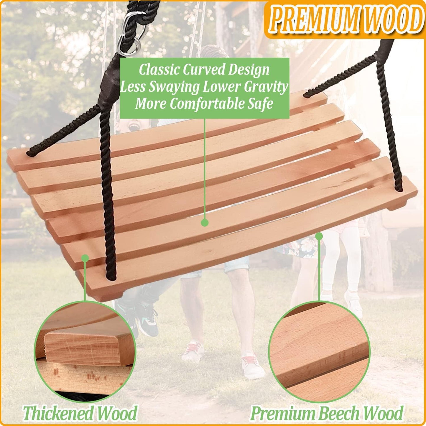 Taeku Adult Tree Swing, Hanging Beech Wood Swings with Adjustable Rope Garden Chair Seat Swing for Indoor Outdoor (26''x12'')