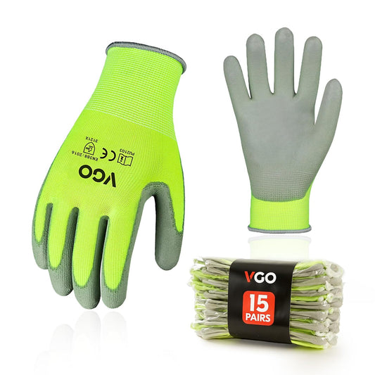 Vgo... 15-Pairs Safety Work Gloves, Gardening Gloves, Polyurethane Coated, Dipping Gloves, Latex Free (Size L, Yellow, PU2103)