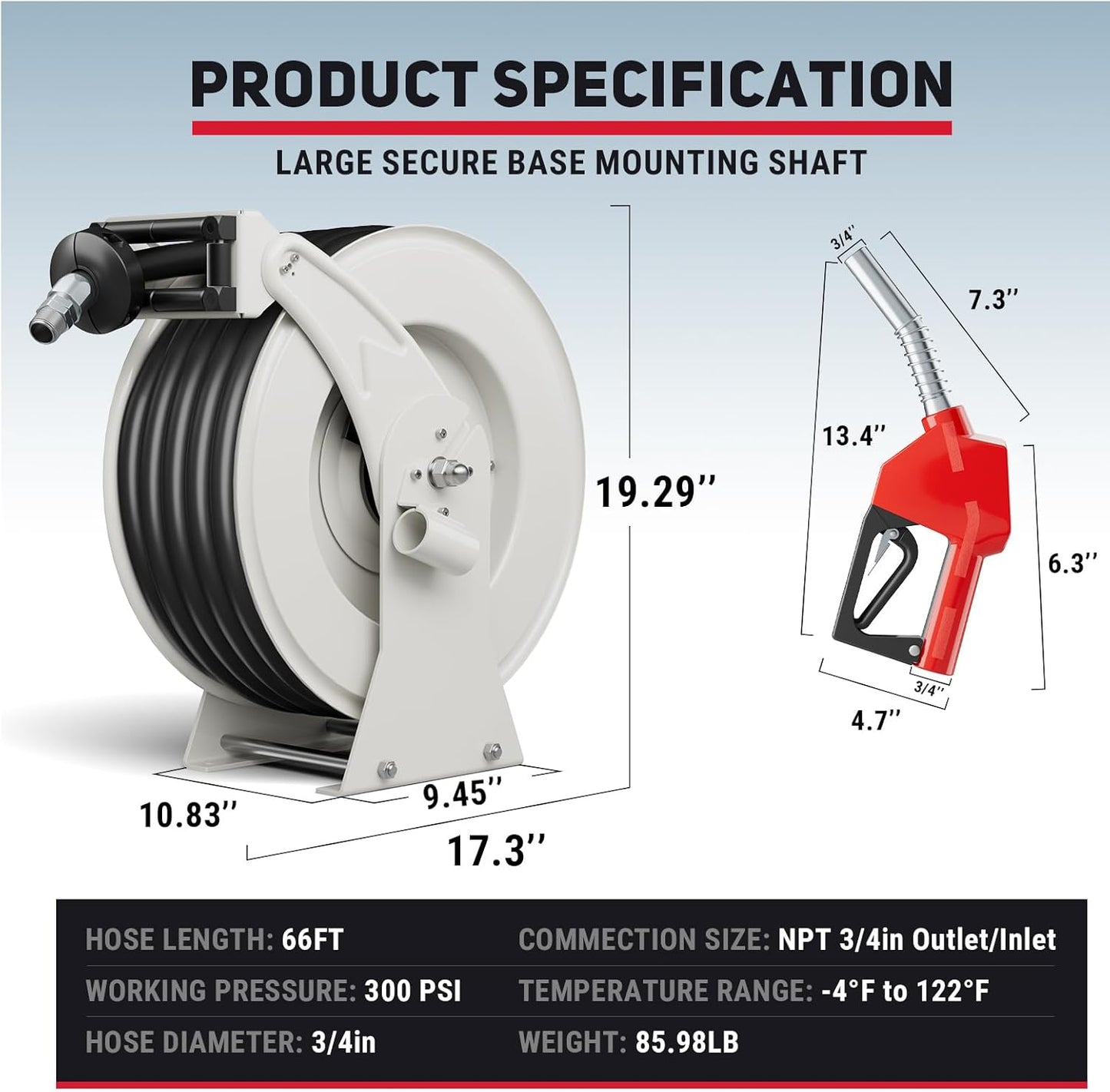 Retractable Fuel Hose Reel, 3/4 in × 66 ft Rubber Hose Heavy Duty Steel Professional Spring Driven Diesel Hose Reel with Fueling Nozzle Max 300PSI Auto Rewind Quick for Ship Vehicle Tank Truck