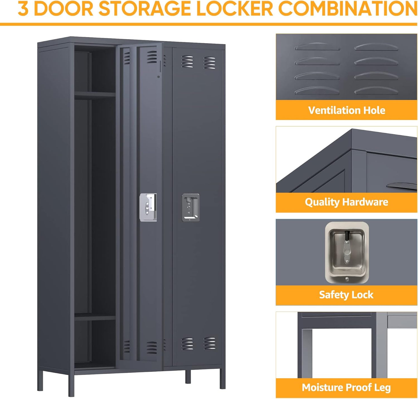 3 Doors Metal Lockers for Employees with 9 Hooks for Offices School Gyms Home,Assembly Required,Dark Gray