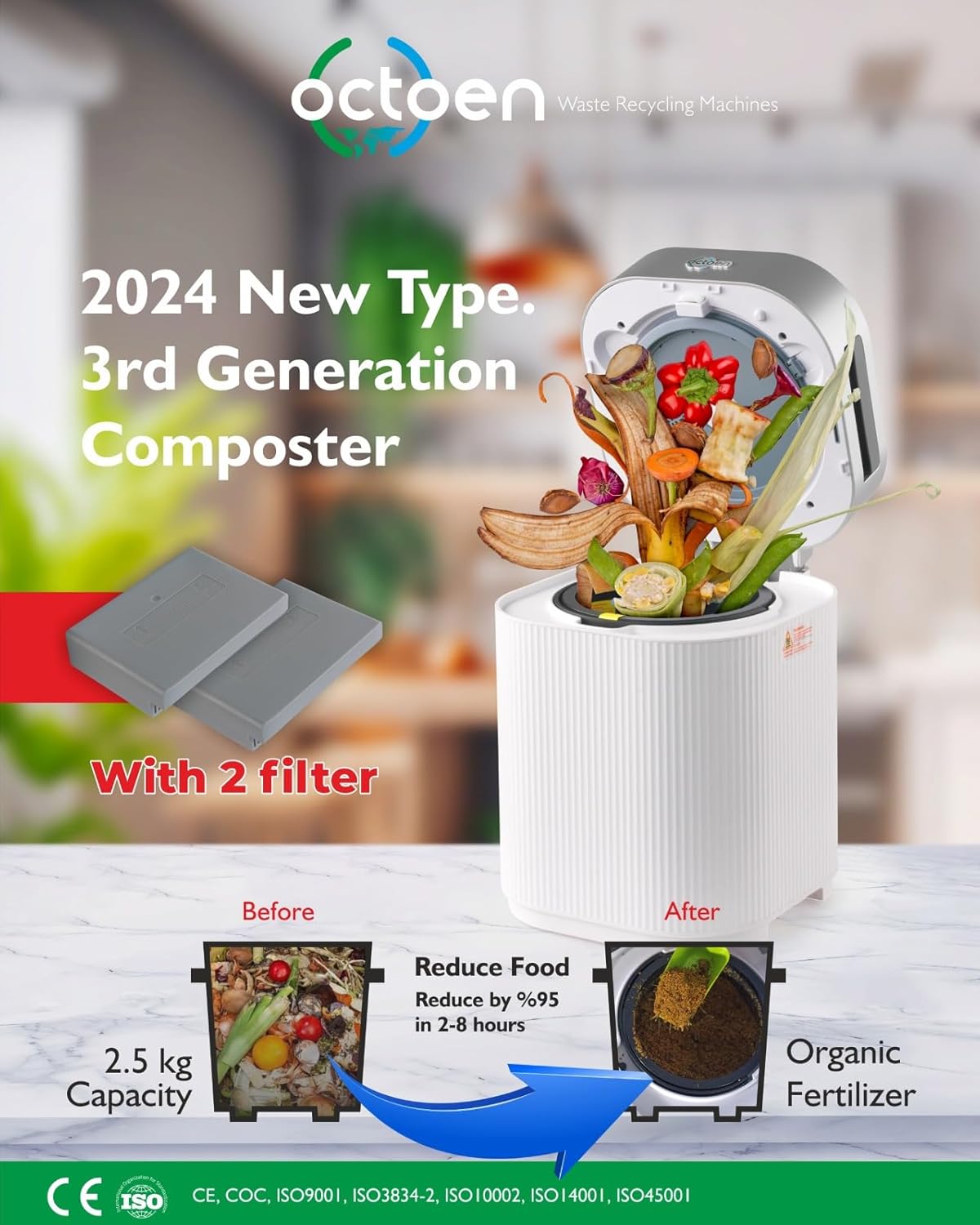 3L Electric Kitchen Composter w/ 2 Free Filters, 3 Modes w/Auto Cleaning UV-C Light Sanitizer, Rapid Conversion Within 2-8 Hours. Indoor/Outdoor, Turn Food Waste to Fertilizer for Garden, by OCTOEN