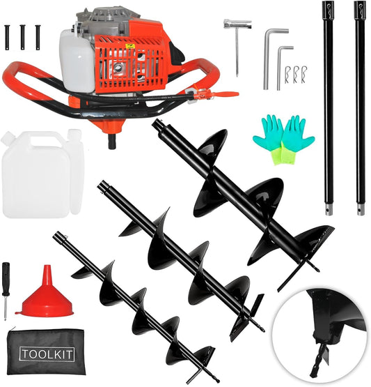 72cc 4HP Post Hole Digger Gas Powered, Gas Earth Auger/Ice Auger, with 3 Drill Bits 4"/8"/12" + 2 Extension Bar, One Man Earth Auger for Planting Fence, EPA Compliant Post Hole Auger