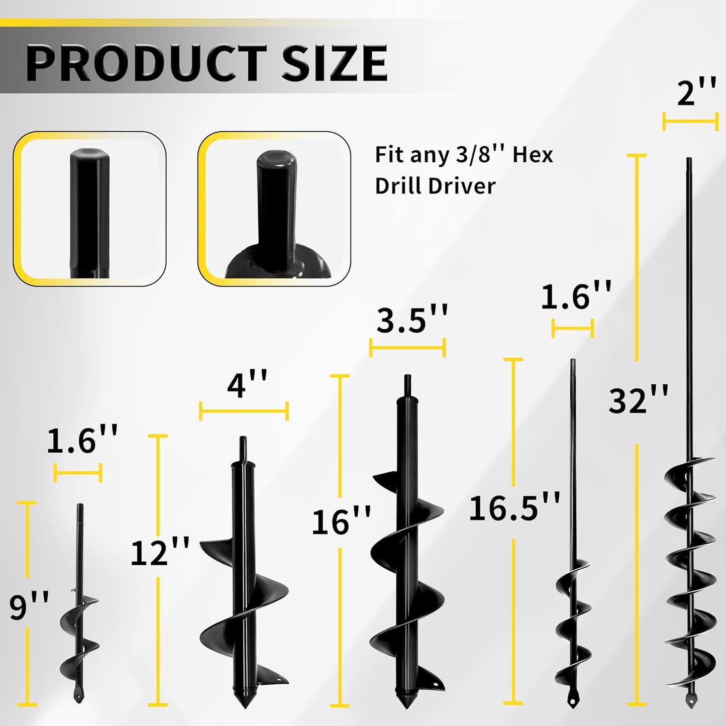5pcs Auger Drill Bit for Planting - Plant Auger for Cordless Drill - Bulb Planter Tool for Bulbs Planting&Holes Digging - 3/8" Hex Drive Drill