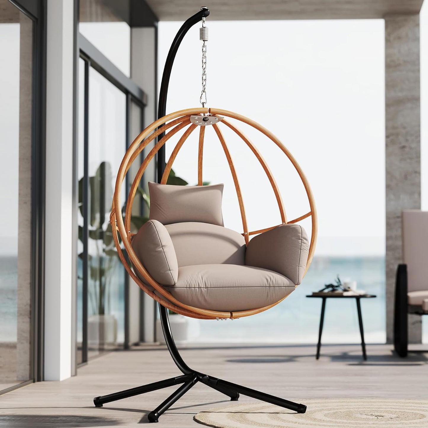 Egg Cahir Outdoor, Imitation Rattan Hanging Egg Chair with Stand, Hanging Chairs with Cushions, 80" High All Weather Basket Swinging Chairs, Egg Swing Chairs Outdoorfor Balcony/Deck, Khaki
