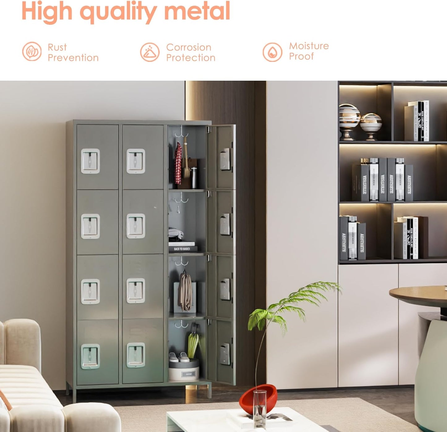 12 Doors Metal Lockers for Employees with Lock, Metal Locker with 12 Hooks for School Garage Office Gym Home,Assembly Required,Light Grey