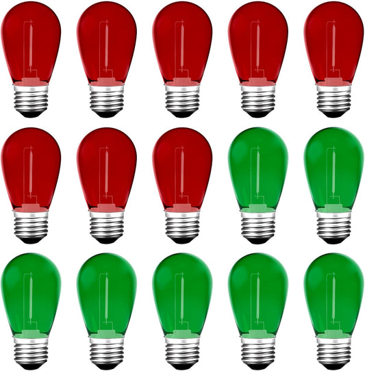 Meconard S14 Colored LED String Light Bulbs,1 Watt Plastic Shatterproof Waterproof Outdoor Indoor Replacement Bulbs for Home Decor, E26 Medium Base, Red Green Light Bulbs, 15Pack