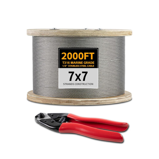 1/8" Stainless Steel Cable, 2000FT Wire Rope with Cable Cutter 7x7 Strand, Aircraft Cable 1800 lb Breaking Strength, Cable for Deck Railing, Fence, DIY Balustrade