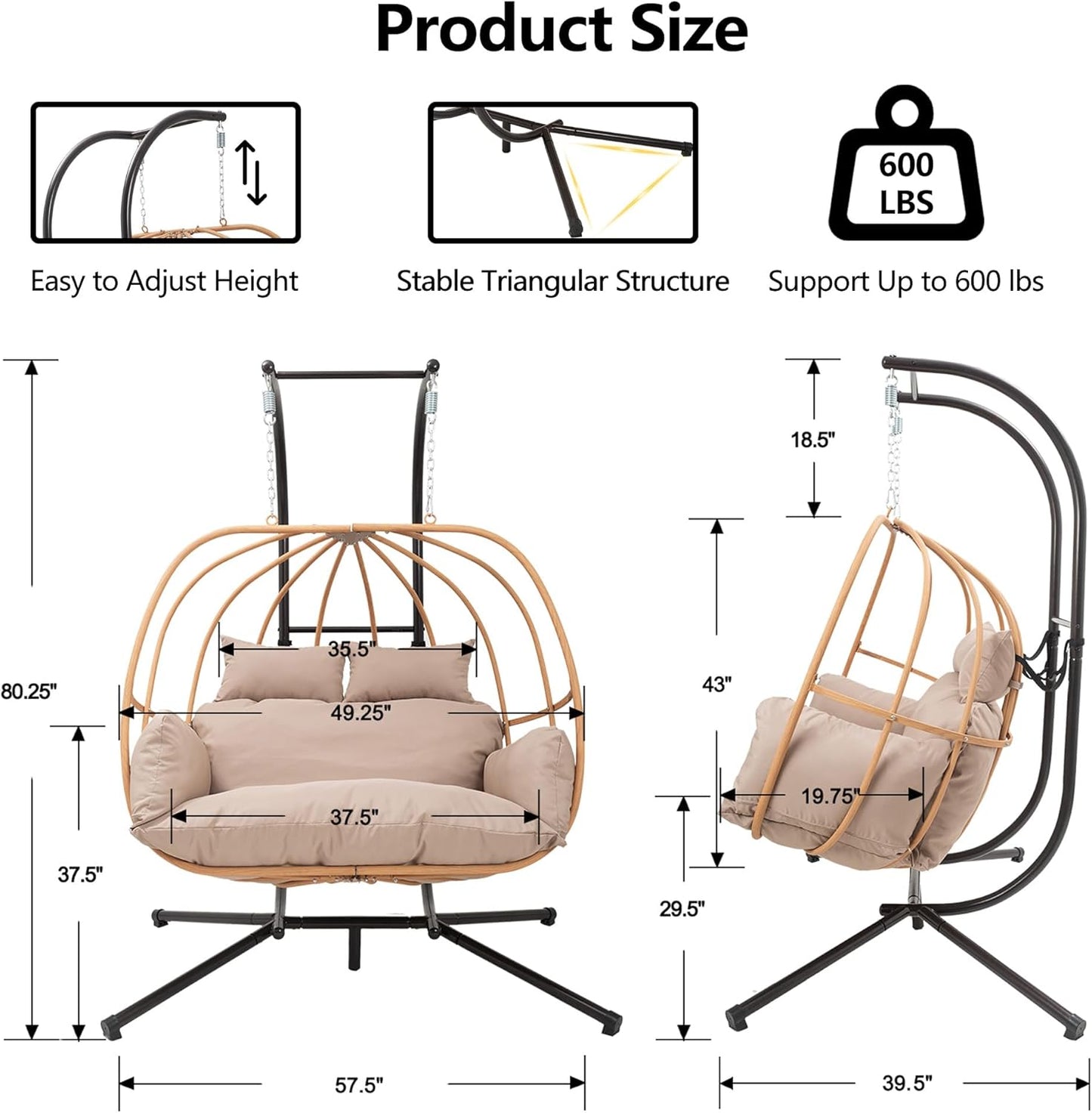 Double Egg Chair Outdoor, Egg Swing Chair with Stand, Hanging Egg Chair Outdoor with Cushions/Headrest, 80" H Hanging Chairs with Stand Indoor, Metal Basket Swing Egg Chairs for Deck, Khaki