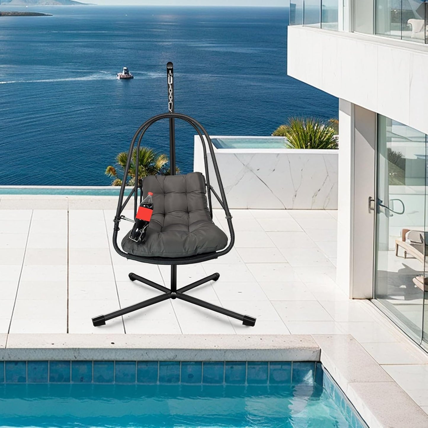 JESE Swing Egg Chair with Stand Foldable Frame Hanging Chairs for Indoor Outside,with UV Resistant Waterproof Cushion and Cup Holder,Swing Hammock Chairs for Patio,Bedroom,Balcony, Garden,350LBS,Black