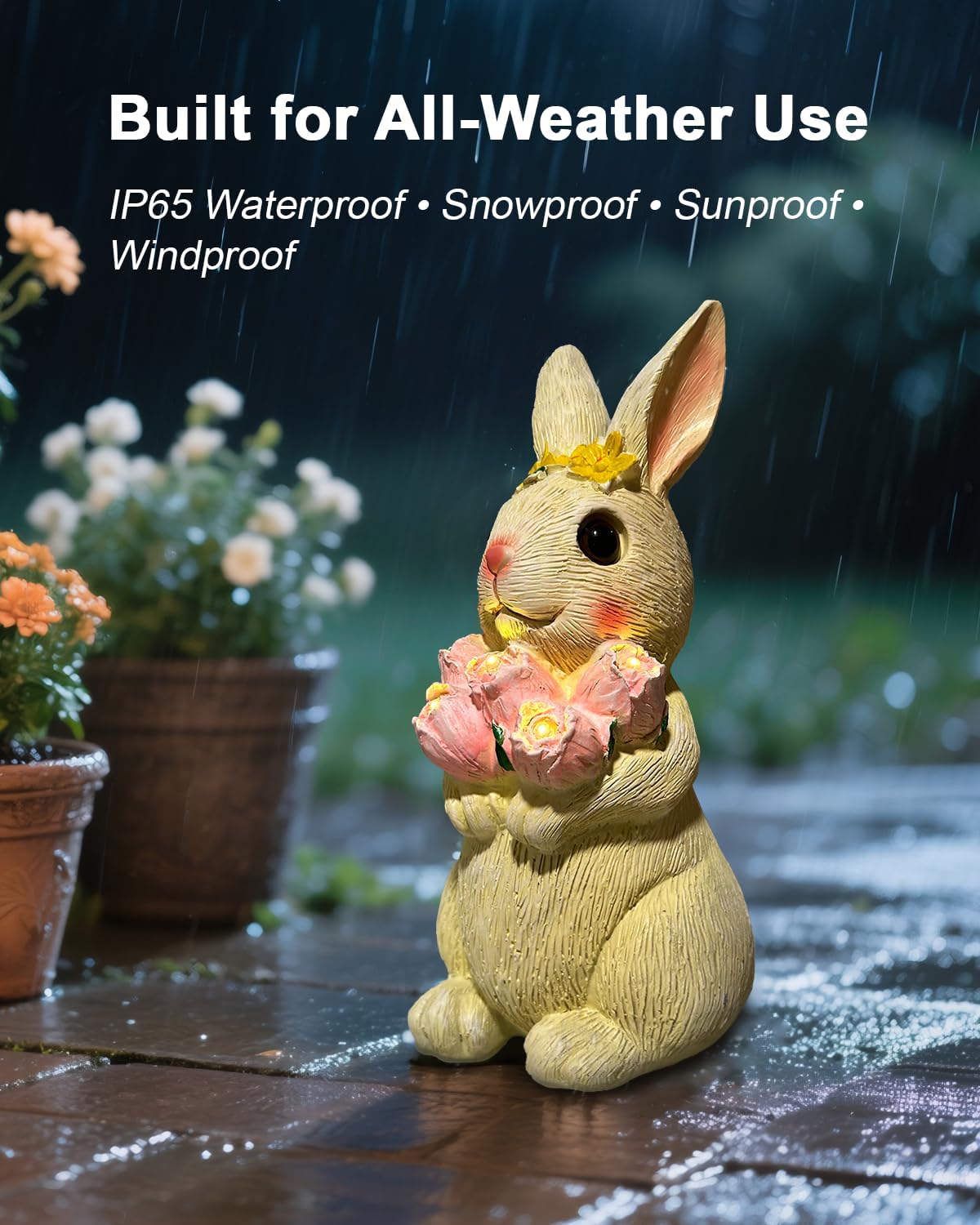 Solar Bunny Garden Light Outdoor Statue – Waterproof Rabbit Figurine with 5 Tulip LED Lights, Auto On/Off Bunny Garden Decor for Patio, Balcony, Lawn, Yard Decorations, Birthday Gifts for Women