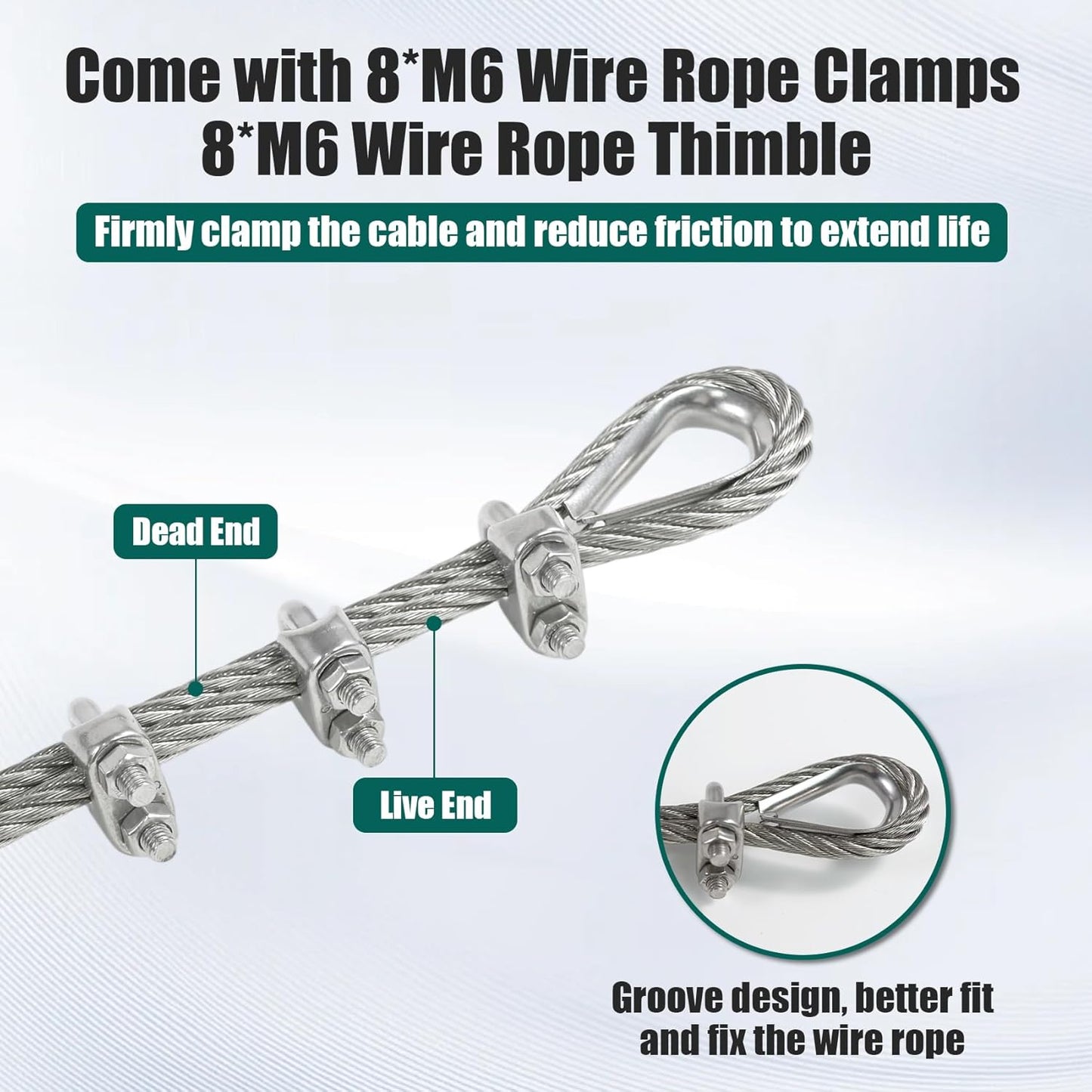 1/4" Stainless Steel Cable, 25FT Wire Rope with Clamps and Thimble, 7X19 Strands Aircraft Cable for Zipline, Outdoor, Deck Railing, Heavy Duty Applications, Hanging, 6400lbs Breaking Strength