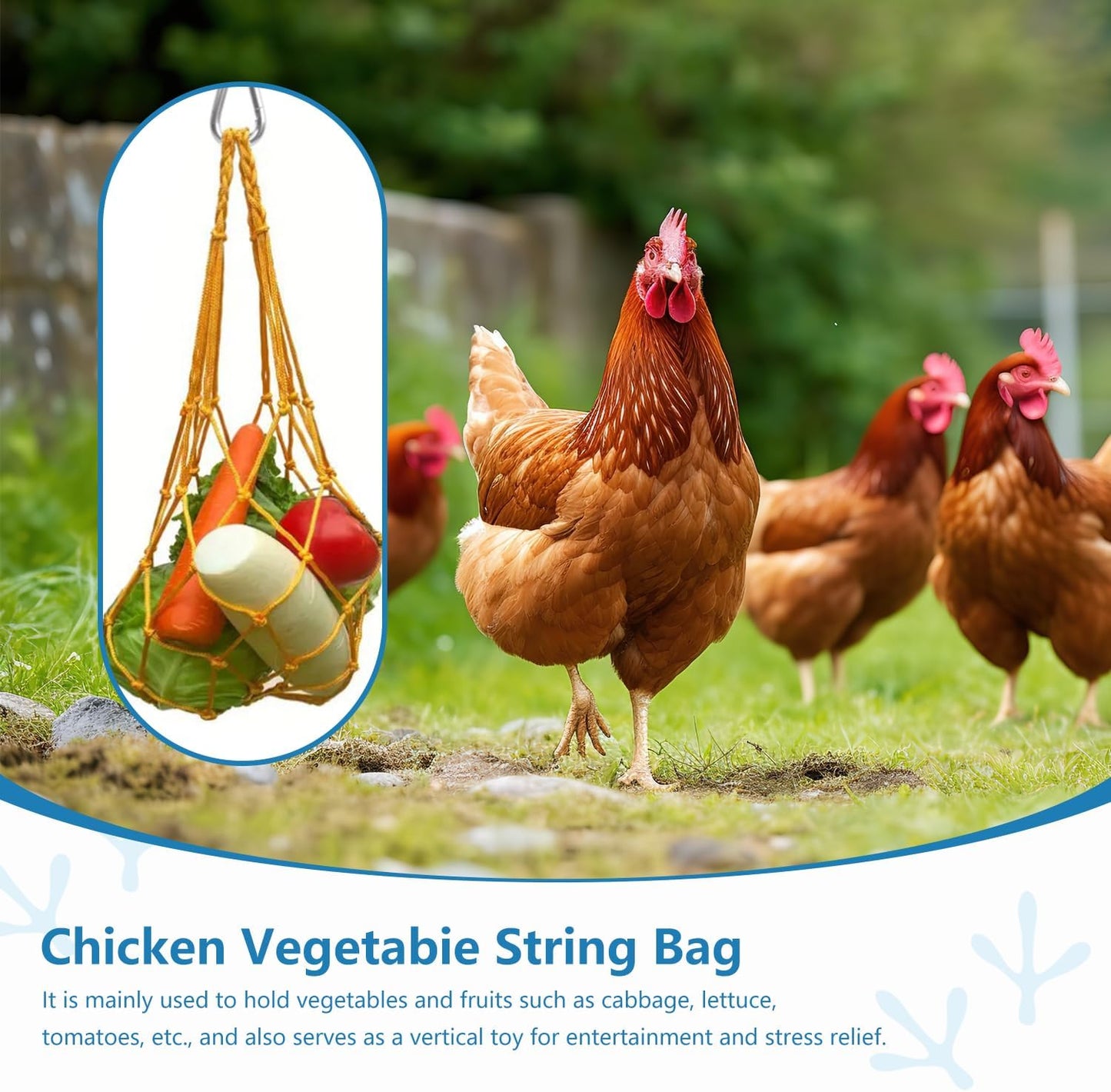 Chicken Vegetable String Bag ，Chicken Vegetable Hanging Feeder, Chicken Toy Vegetable Rack in Chicken Cage, Poultry Fruit Rack, Chicken Cabbage Feeder with Hook 4 Sets