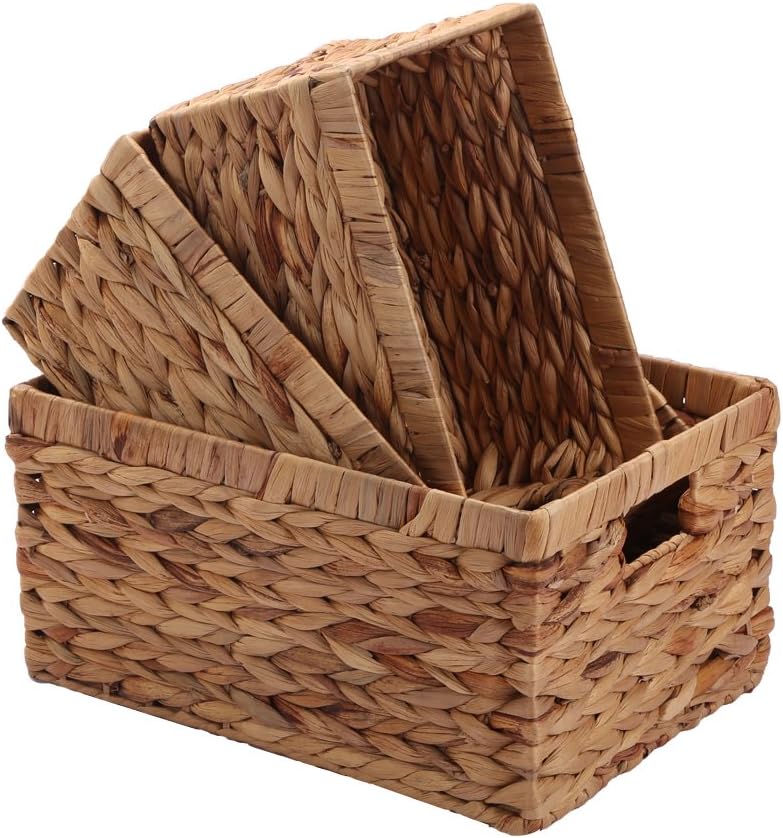 Storage Baskets,Woven Natural Water hyacinth Box with Handle,Kingwillow.(Set of 3)
