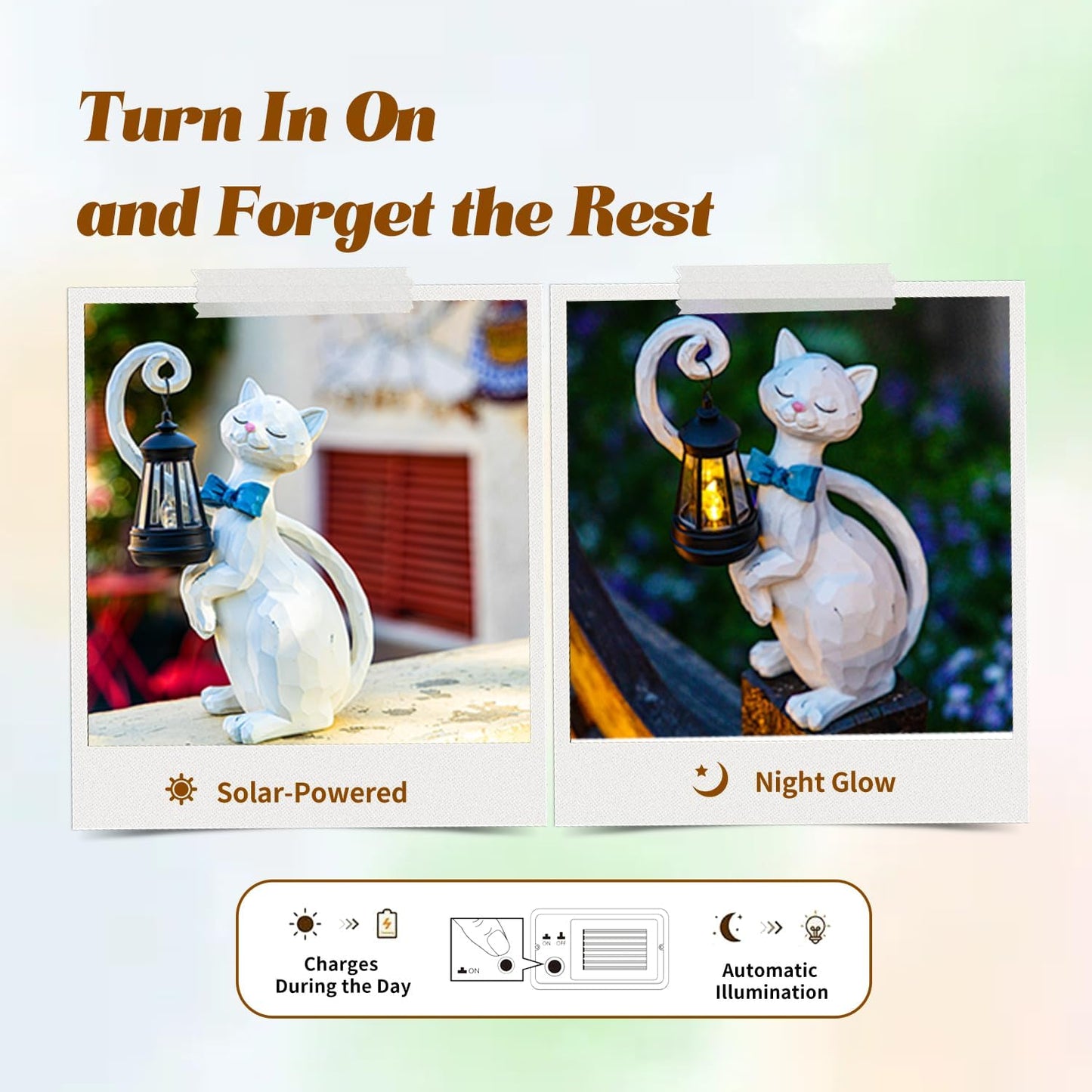 WHIMSYNOOK 10.7" White Cat Solar Garden Light Statue – Outdoor Garden & Yard Decor, LED Lantern, Gift for Cat Lovers