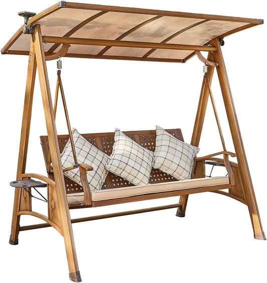 2/3-Seat Outdoor Patio Porch Swing with Adjustable Aluminum Alloy Canopy Solar Patio Swing Chair Bench with Footrest Side Cup Holder for Backyard Lawn (A-Aluminum Mesh Wood Grain-3 Seat)