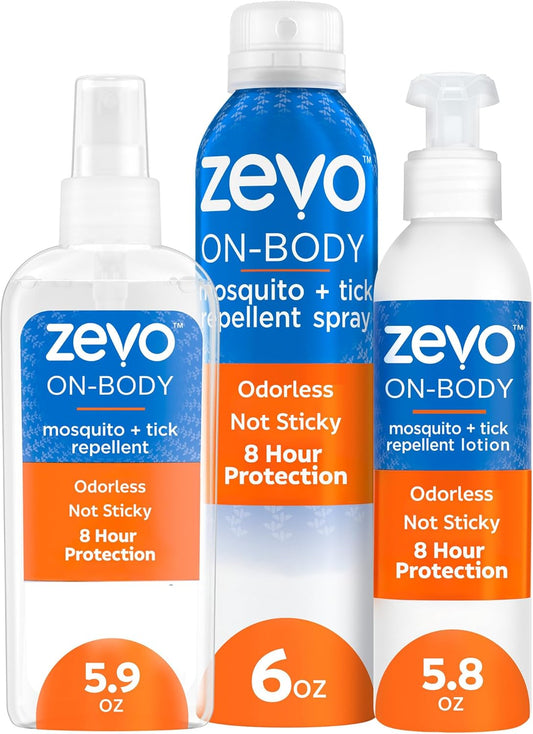 Zevo On-Body Tick & Mosquito Repellent Spray & Bug Repellent Lotion - 8 Hour Insect Protection - Odorless & Non-Sticky (1 Lotion, 1 Pump Bottle & 1 Aerosol Bottle)
