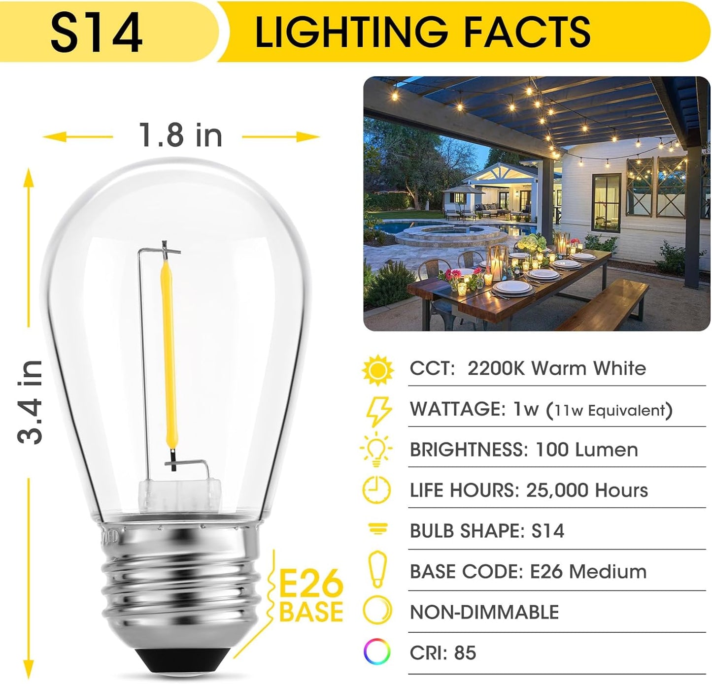 Meconard Outdoor Patio String Light Bulbs, Shatterproof Waterproof S14 LED Replacement Bulbs for Outdoor String Lights, 1W LED Bulbs Equal to 11W Incandescent, 2200K Warm White, E26 Base, Non-Dimmable