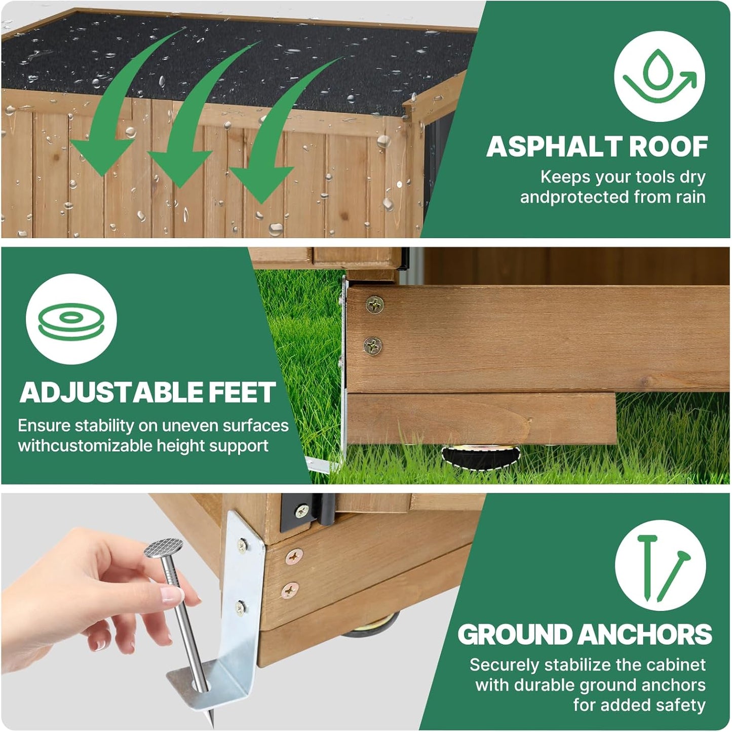Outdoor Storage Cabinet, Wood & Metal Tall Tool Shed with Weather-Resistant Roof, Double Lockable Doors, 3 Removable Shelves & Adjustable Feet, for Patio, Garden, Backyard, 32" x 15.5" x 66"